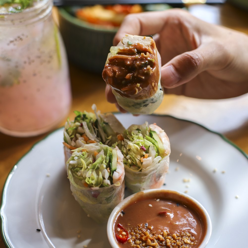 Fresh Vietnamese summer rolls with peanut dipping sauce